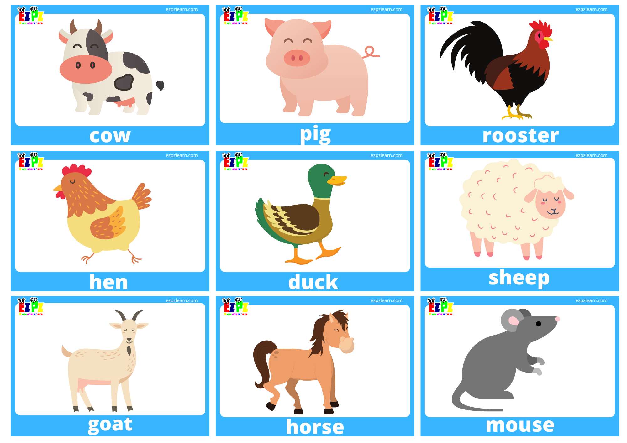 Farm Animals Flashcards with Words Includes pig, cow, chicken, horse